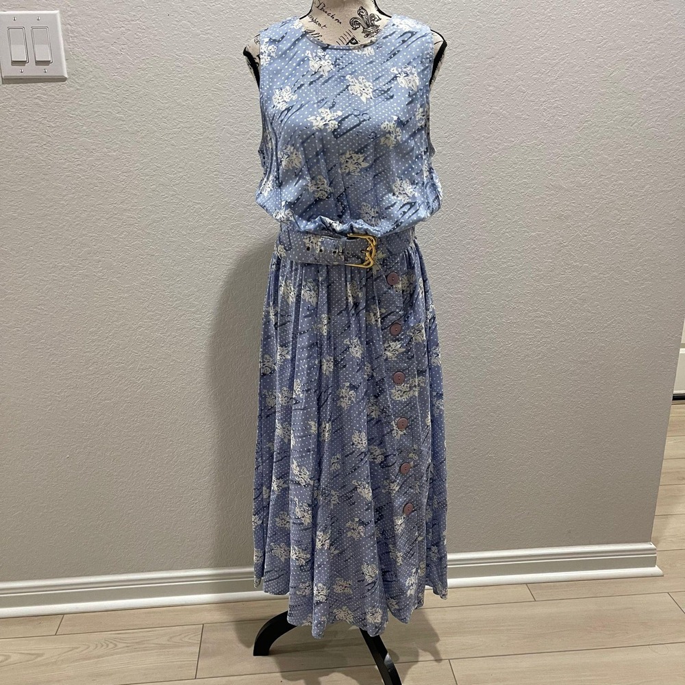 Blue Floral Maxi Dress with Belt